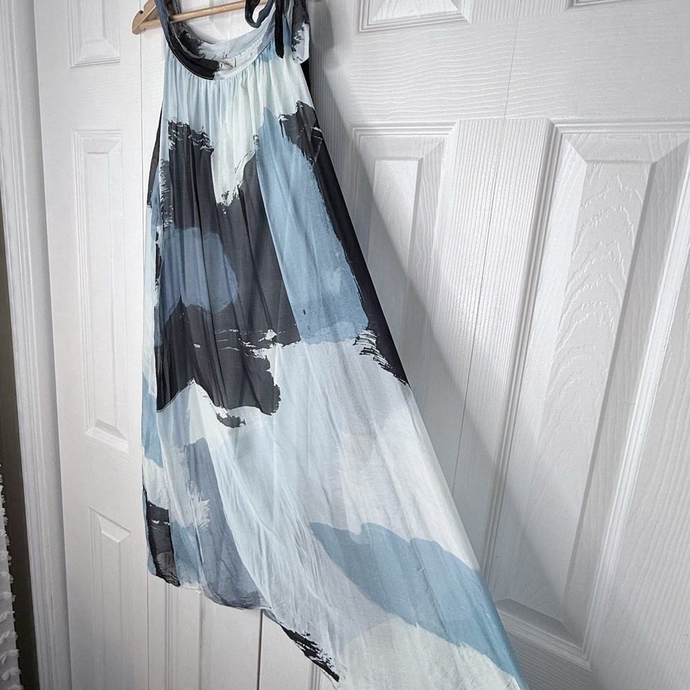 BELLAMBRA‎ Silk Blend Dress L Large Blue Black Abstract Watercolor Made in Italy - Picture 9 of 9